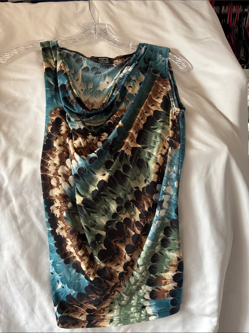 Draped Cowl Neck Camisole in Teal, Brown & Cream